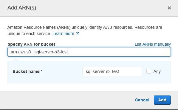S3 to SQL Server: adding arn to bucket